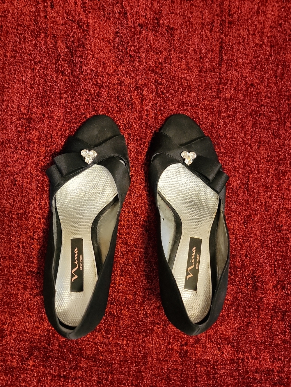 Nina Black Satin Peep-Toe Heels with Bow and Crystal Accent